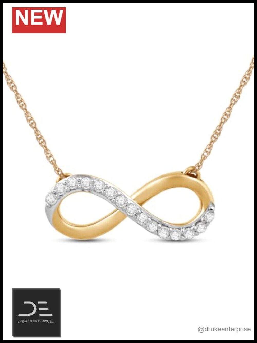 10K Gold Diamond Infinity Pendant Necklace 18" Rope Chain